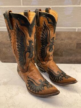 Old Gringo Cognac and Black Leather Eagle Inlay Cowboy Boots Women’s 9B